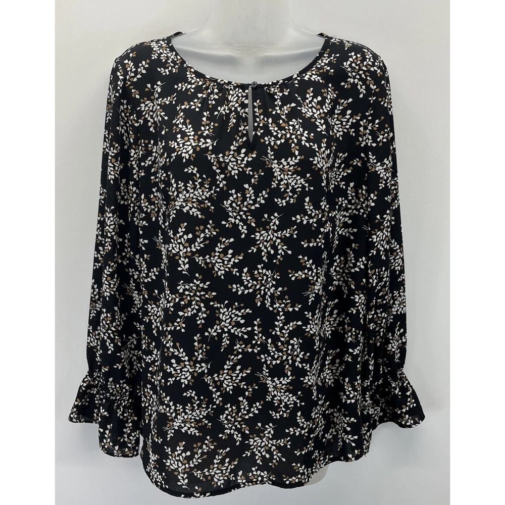 Talbots Keyhole Flowy Tunic Top Women's LP Petite Black Tan Floral Long Sleeve
